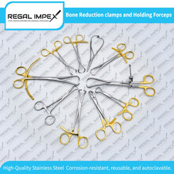 Orthopedic bone holding and reduction instrument set, 10 pieces with gold-plated handles
